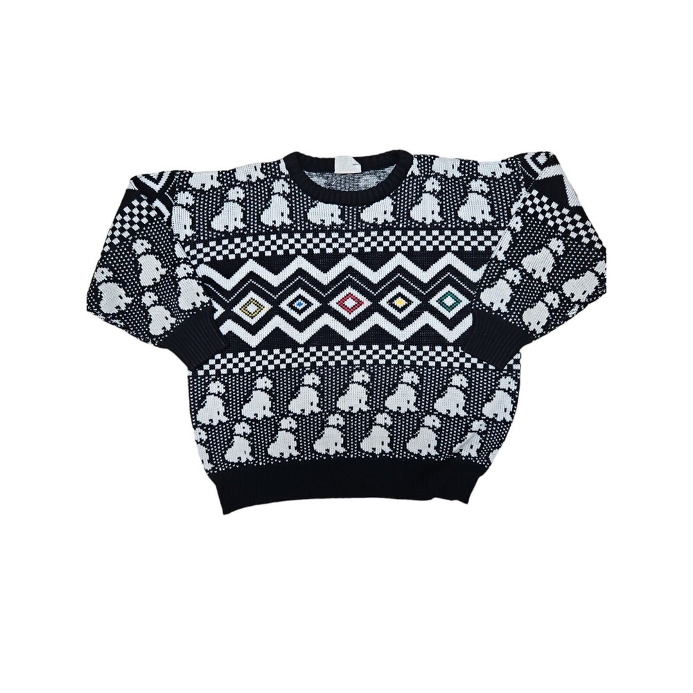 Vintage 80s One Step Up Sweater size L Black White Geometric Dog Print